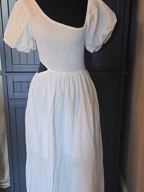White Puff-Sleeve Smocked Waist Maxi Dress